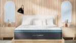 Modern bedroom with Helix Sunset mattress, light wood frame, minimalist decor, and arched windows.