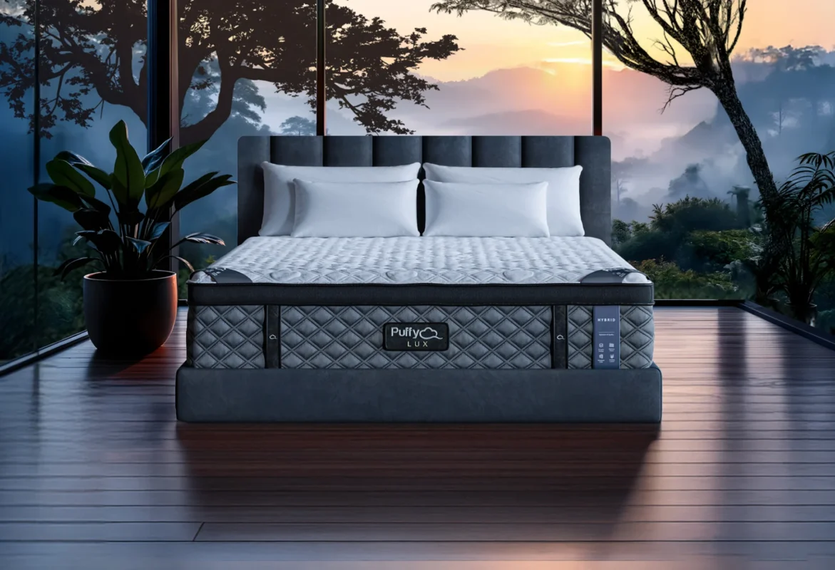 Luxurious bedroom with plush mattress, nature views, and modern design for a serene escape.