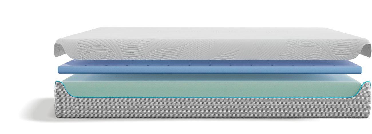 Layered mattress cross-section: quilted cover, cooling foam, supportive foam, stable base.
