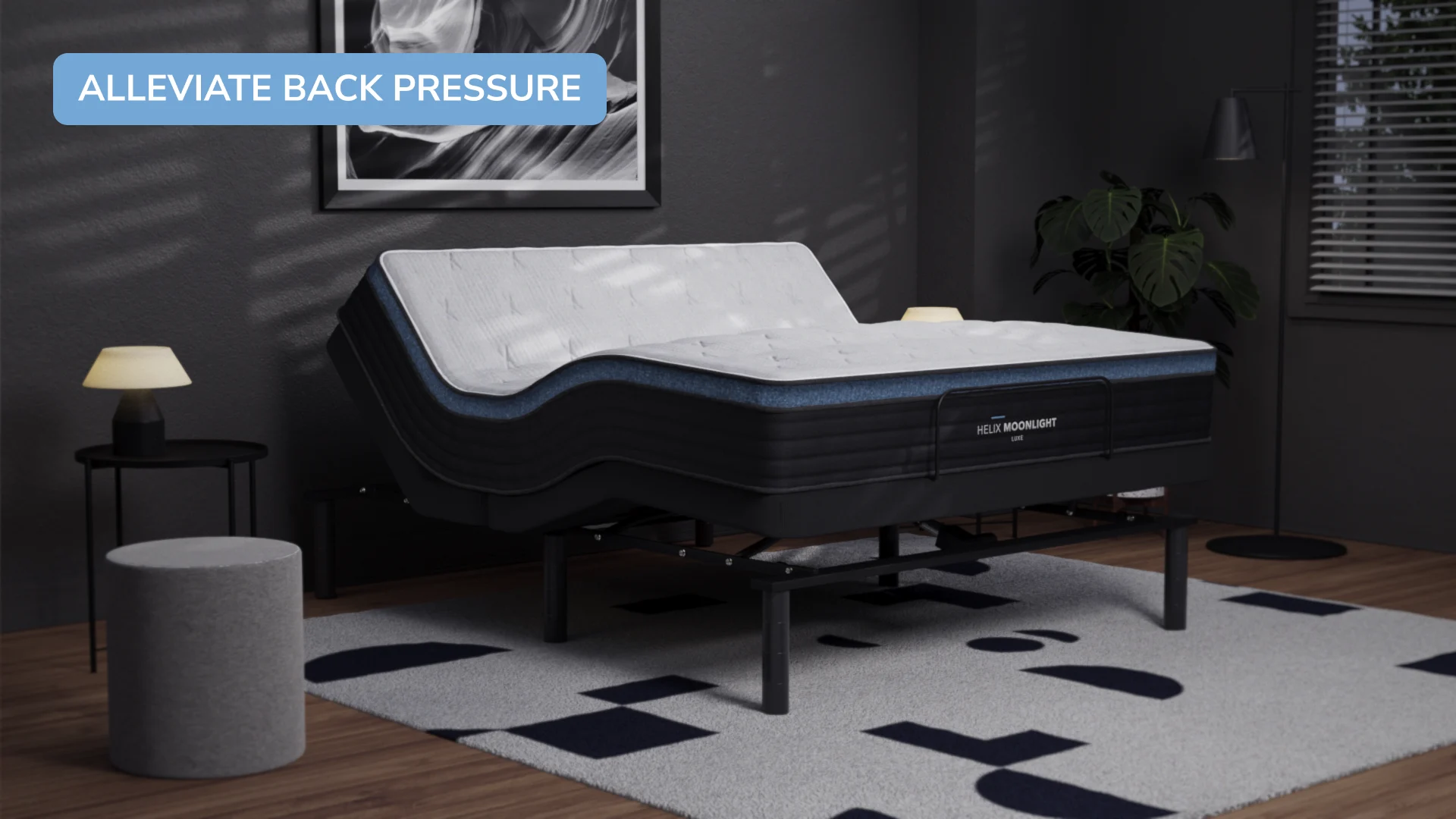Modern adjustable bed with ergonomic mattress in minimalist bedroom for comfort and wellness.