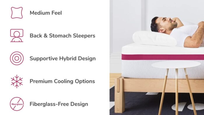 Versatile mattress for modern comfort: Medium feel, hybrid design, cooling, fiberglass-free, stylish decor.