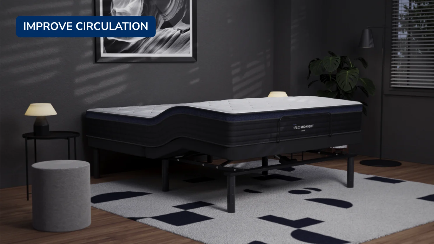 Modern bedroom with stylish bed, minimalist decor, geometric carpet, and calming plant.