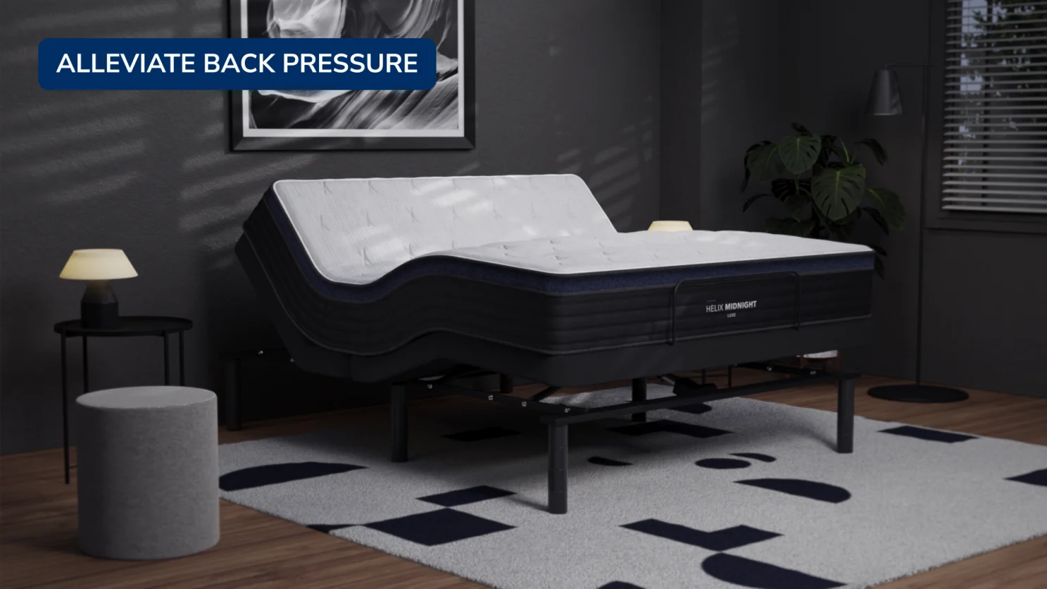 Modern bedroom with ergonomic adjustable bed, neutral tones, and minimalist decor.