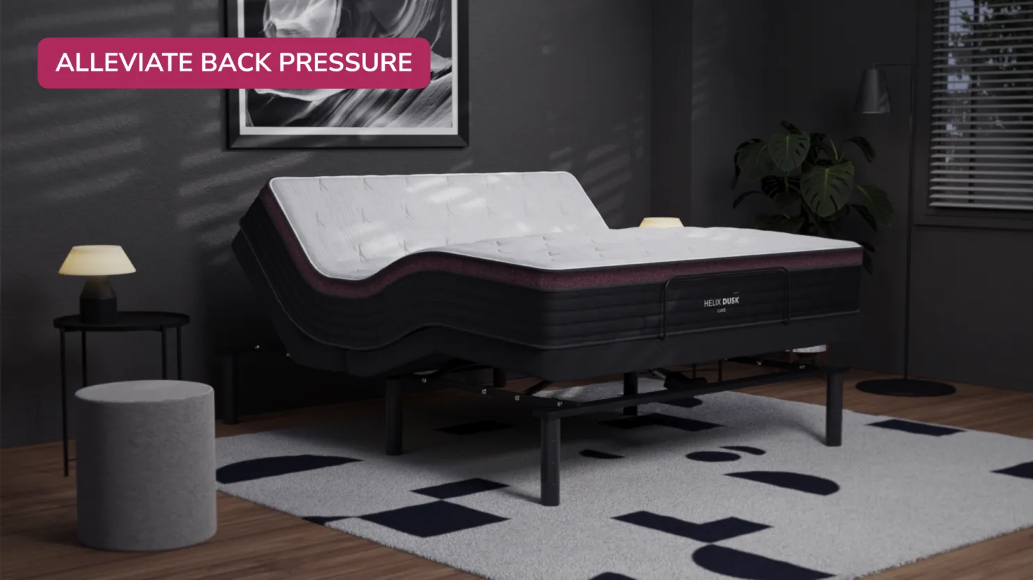 Modern adjustable bed in a cozy bedroom with ergonomic support and stylish decor.