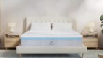 Modern bedroom with plush bed, light gray mattress, wood nightstands, and cozy lighting.