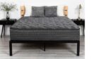 Modern bedroom with gray mattress, black frame, stylish pillows, and elegant nightstands.