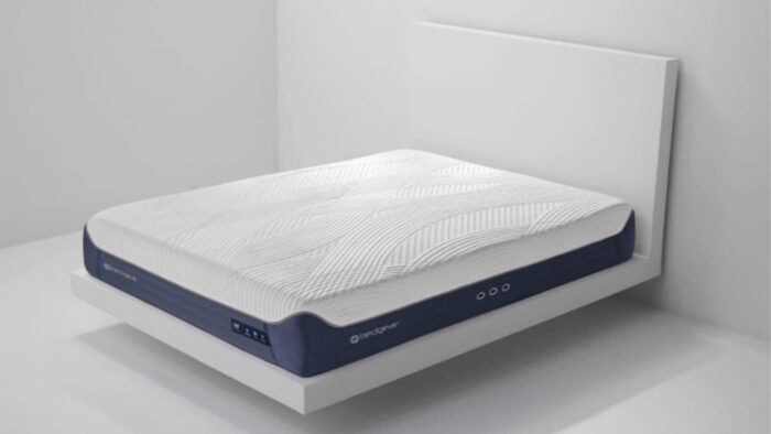 Luxury smart mattress with adjustable firmness, modern design, and floating platform bed.