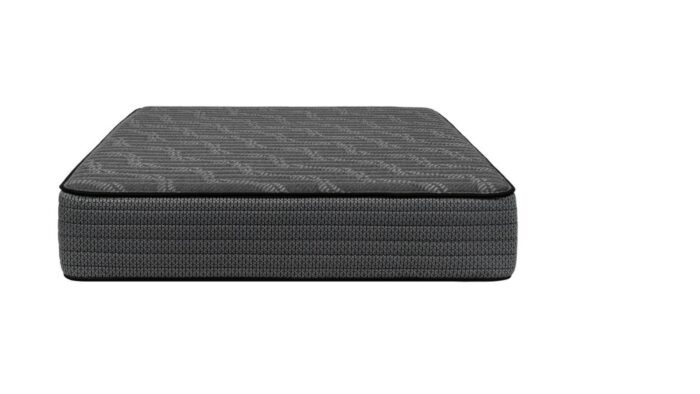 Sleek dark grey mattress with textured surface, reinforced border, and elegant embroidery.