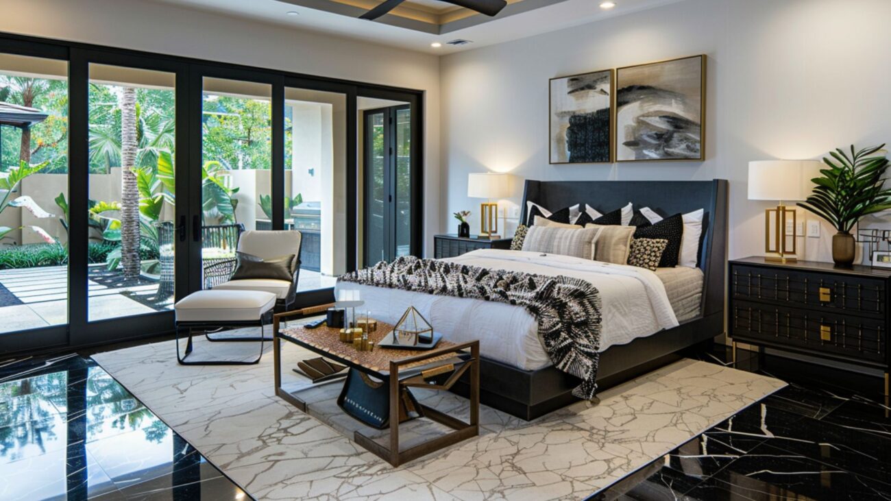 Luxurious modern bedroom with king-sized bed, marble floors, and natural light.