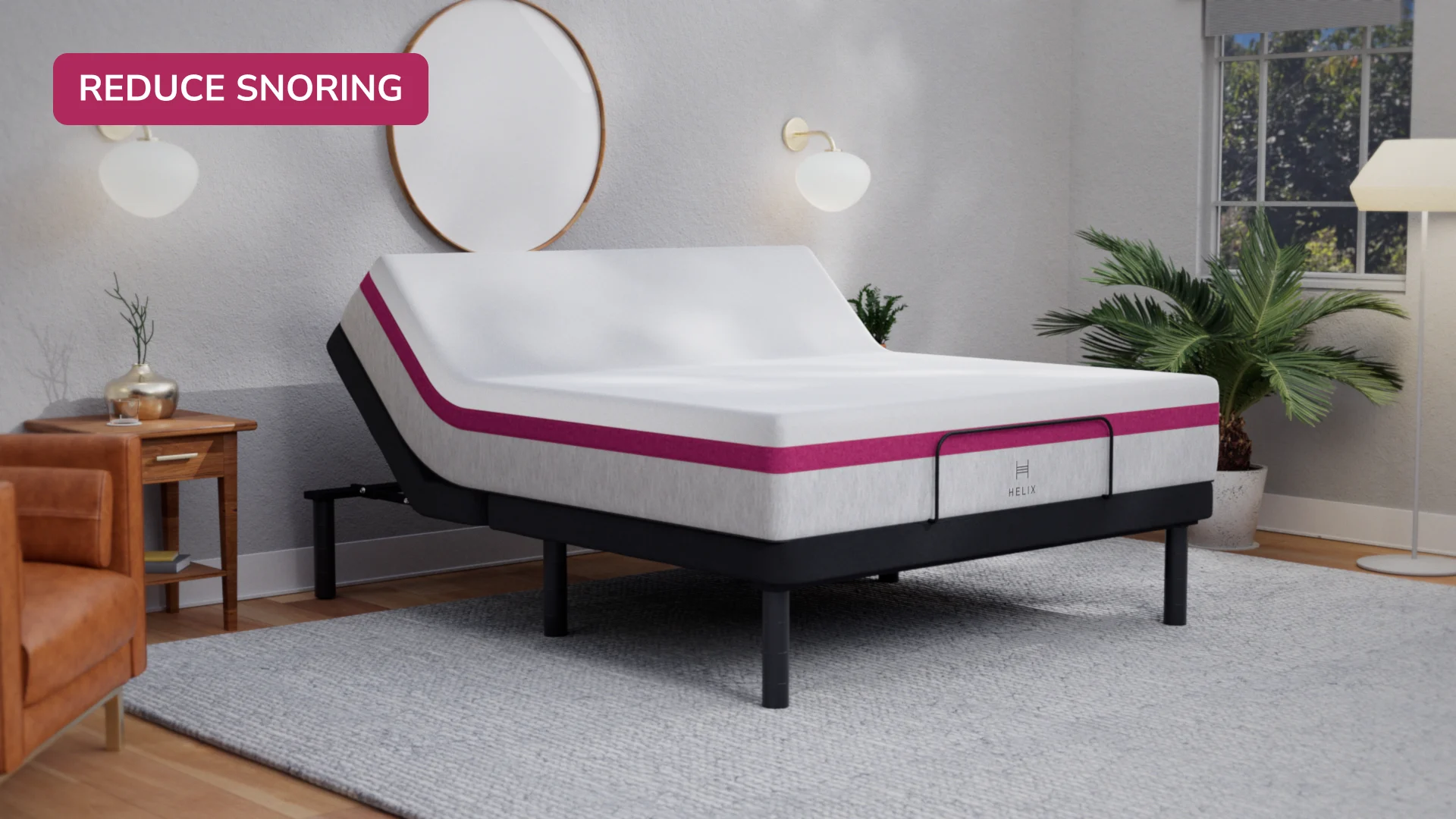 Modern bedroom with adjustable mattress to reduce snoring, cozy elements, and ambient lighting.
