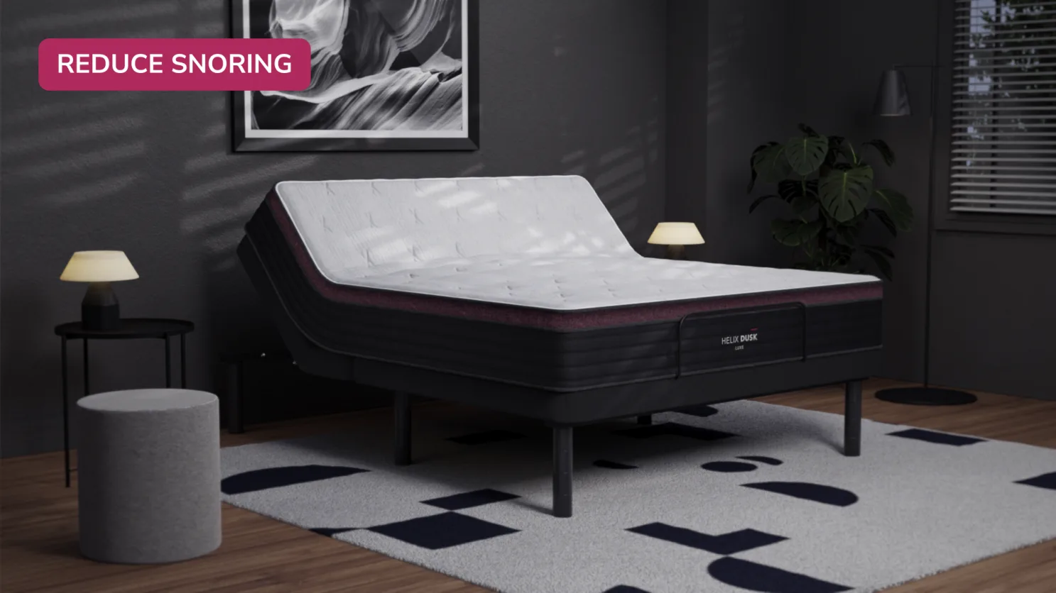 Modern bedroom with adjustable bed, plush mattress, cozy decor, and warm lighting for comfort.