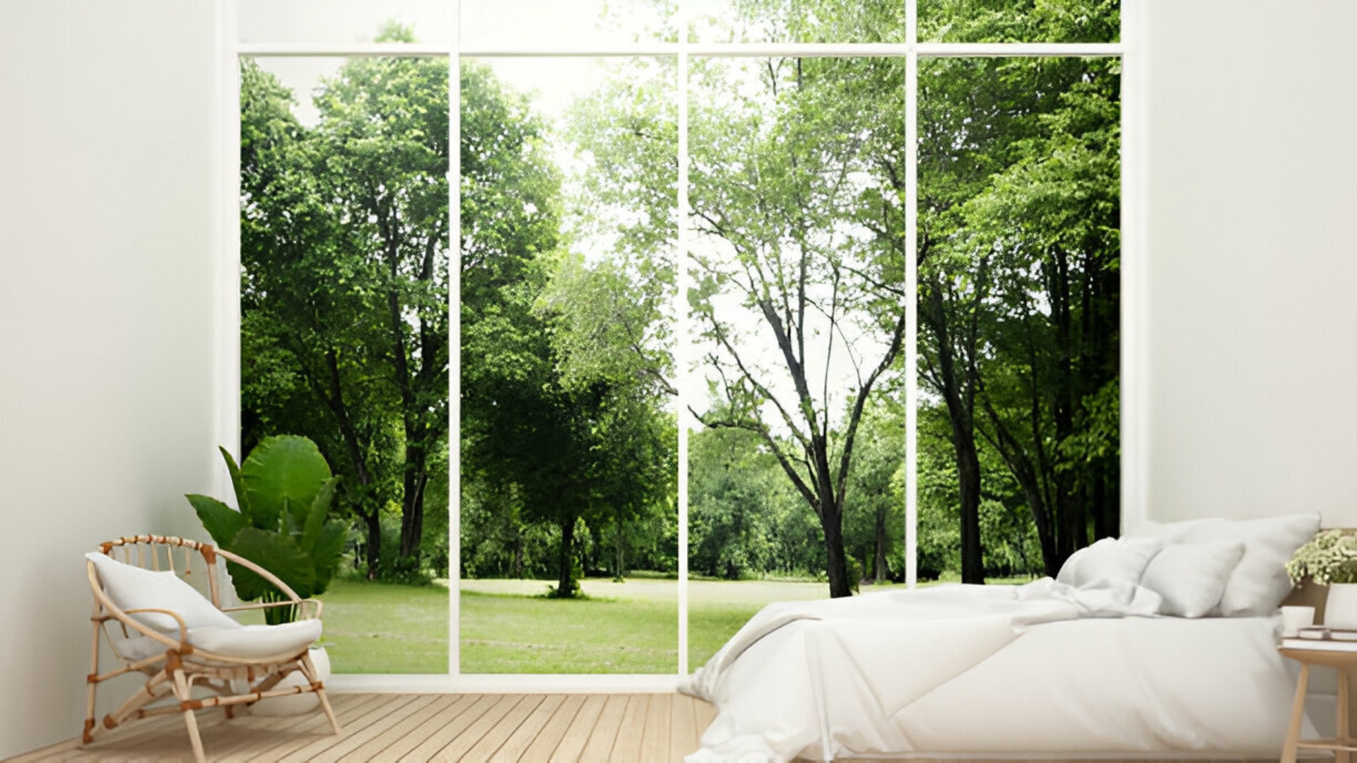 Serene bedroom with nature views through large windows, featuring minimalistic decor and cozy furnishings.