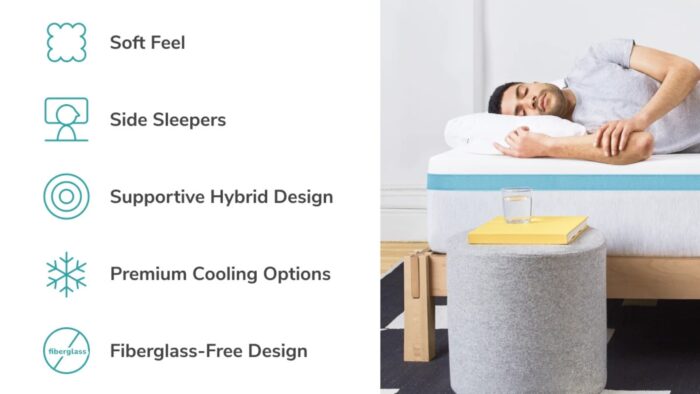 Plush mattress for side sleepers, ergonomic pillow, cooling features, relaxation-focused design.