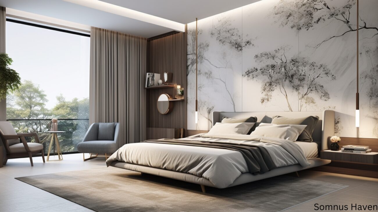 Modern serene bedroom with plush bedding, nature mural, and floor-to-ceiling windows.