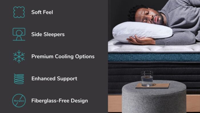 Side sleeper on soft, cooling mattress with enhanced support and fiberglass-free design. Perfect comfort.