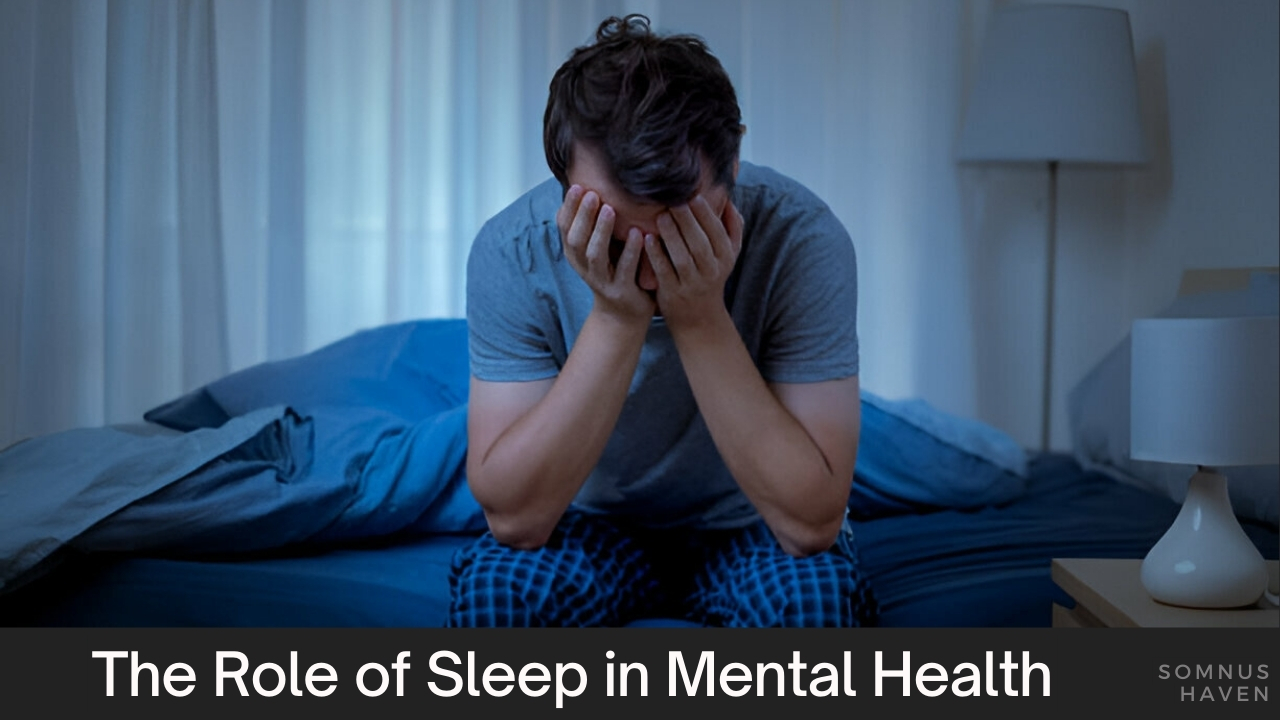 Man in distress on bed, highlighting sleeps crucial role in mental health.