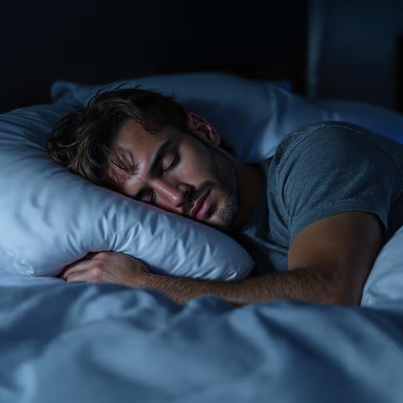 Man sleeping peacefully on a cozy bed in a dimly-lit room.