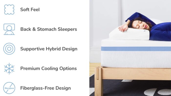 Woman sleeping on cooling, supportive hybrid mattress for back/stomach sleepers, fiberglass-free.