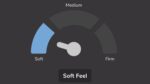 Gauge showing soft firmness for mattresses, emphasizing comfort with blue highlights on a dark background.