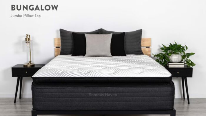 Stylish bedroom with plush bed, wooden headboard, nightstands, and green plant accents.