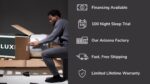 Man unboxing mattress with trial, warranty, and financing options in minimalist setting.