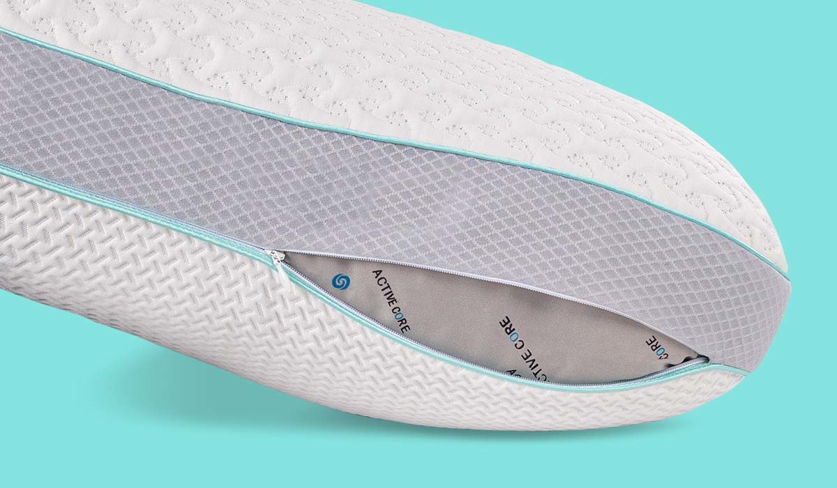 Modern white pillow with ACTIVE AIR technology; breathable, ergonomic design highlighted by blue piping.