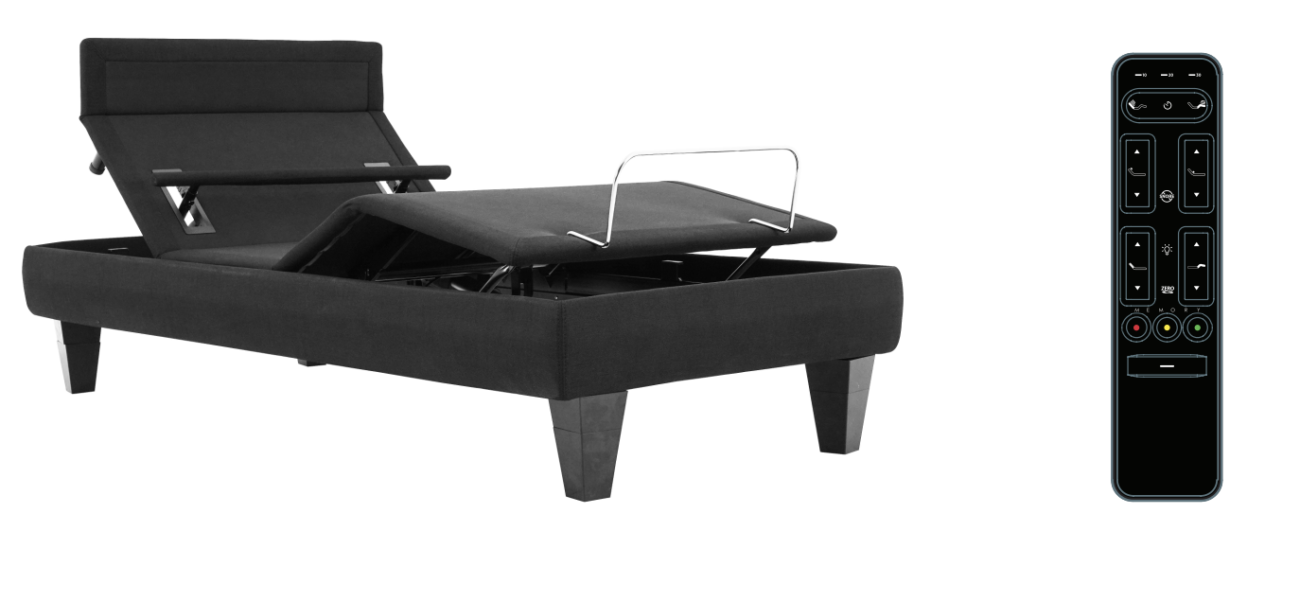 Modern black adjustable bed frame with ergonomic design and user-friendly remote control.