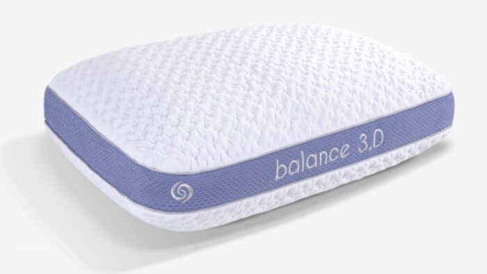 Ergonomic pillow with crisscross top, lavender-gray sides, supporting all sleep positions.