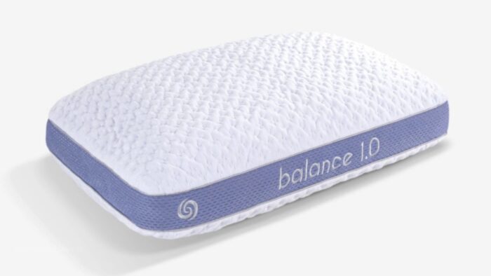Ergonomic memory foam pillow with white textured design and blue balance 1.0 branding.