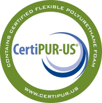CertiPUR-US logo: certified eco-friendly polyurethane foam, green and blue design, website included.