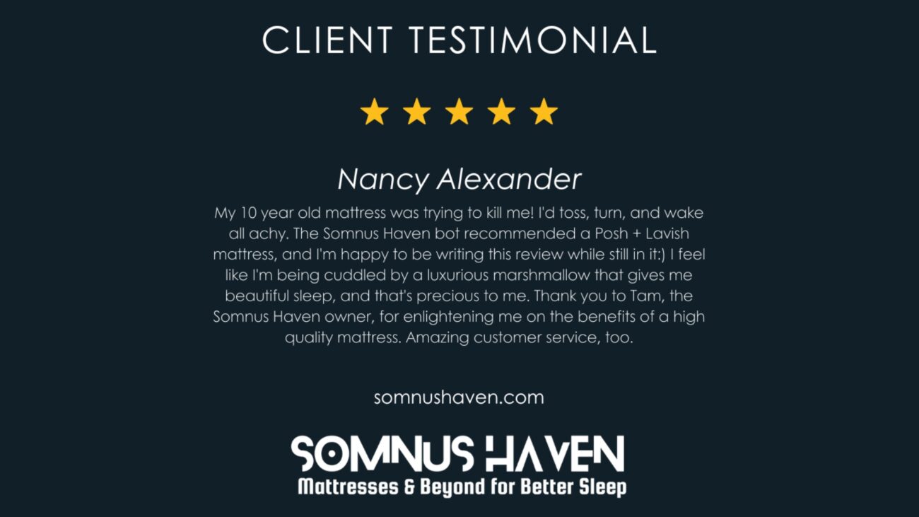 Somnus Haven Posh + Luxe review: 5-star comfort and quality praised by Nancy Alexander.
