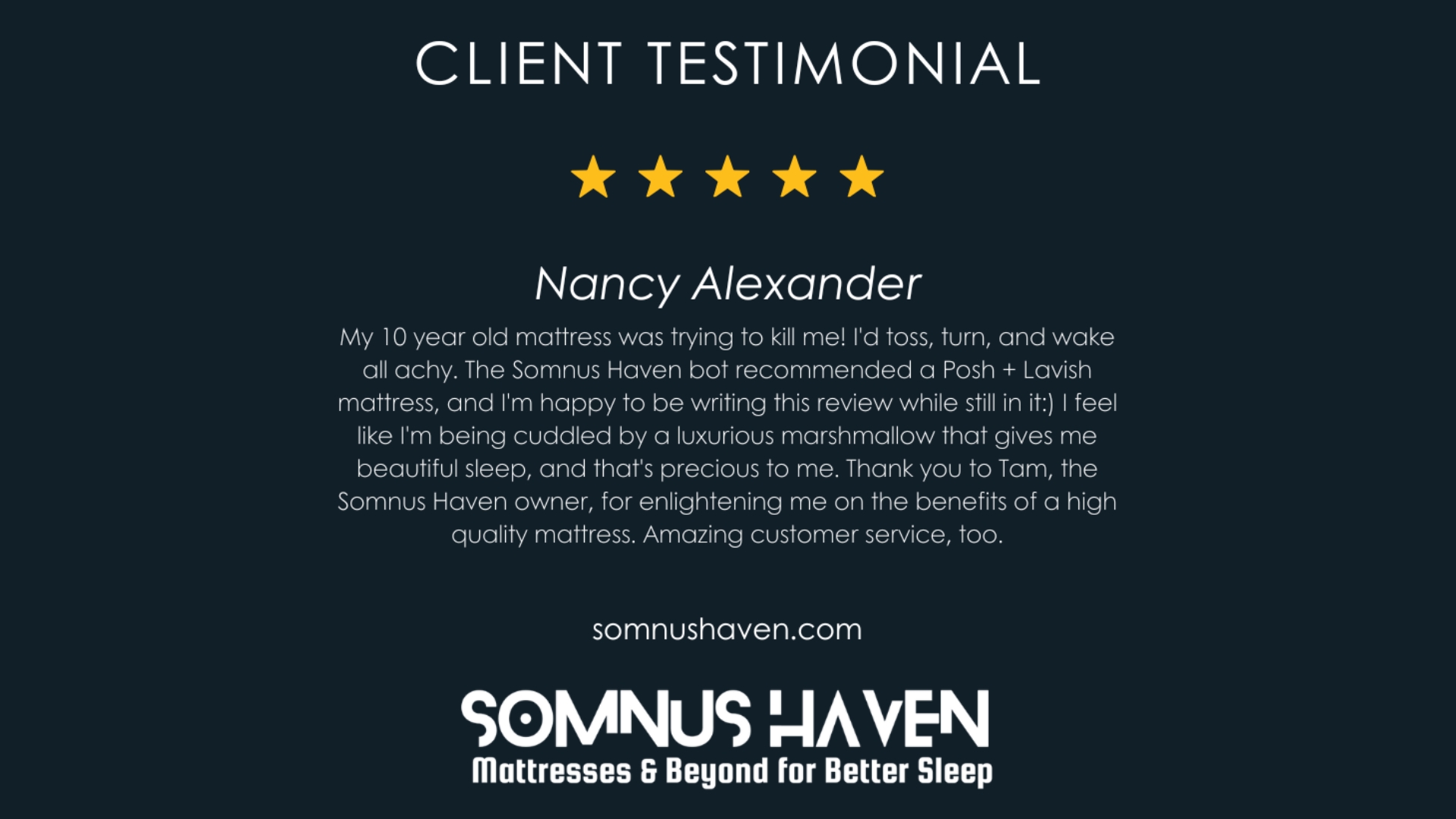 Somnus Haven Posh + Luxe review: 5-star comfort and quality praised by Nancy Alexander.