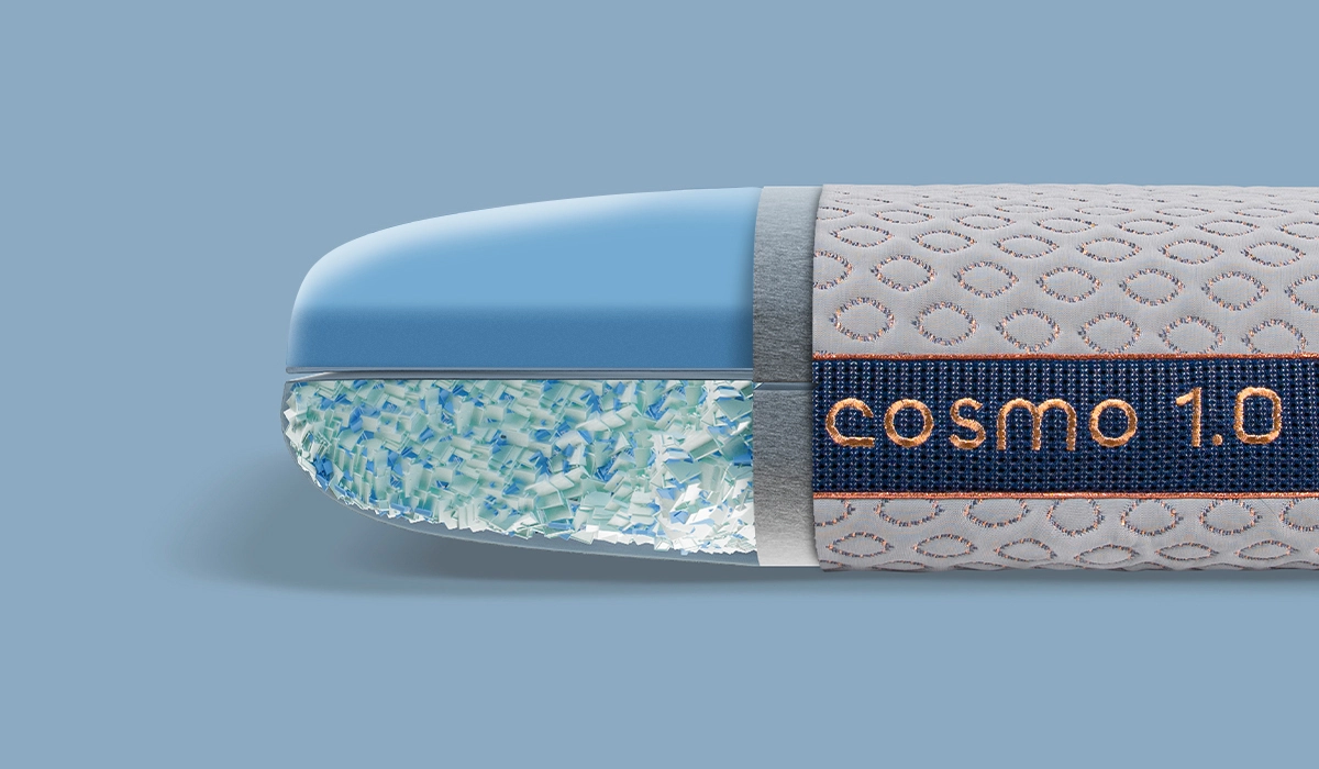 High-tech pillow Cosmo 1.0 with blue top, textured grip, and elegant gold accents.