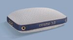 Modern Cosmo 3.0 pillow in gray with ergonomic design, navy accents, and hexagonal texture.