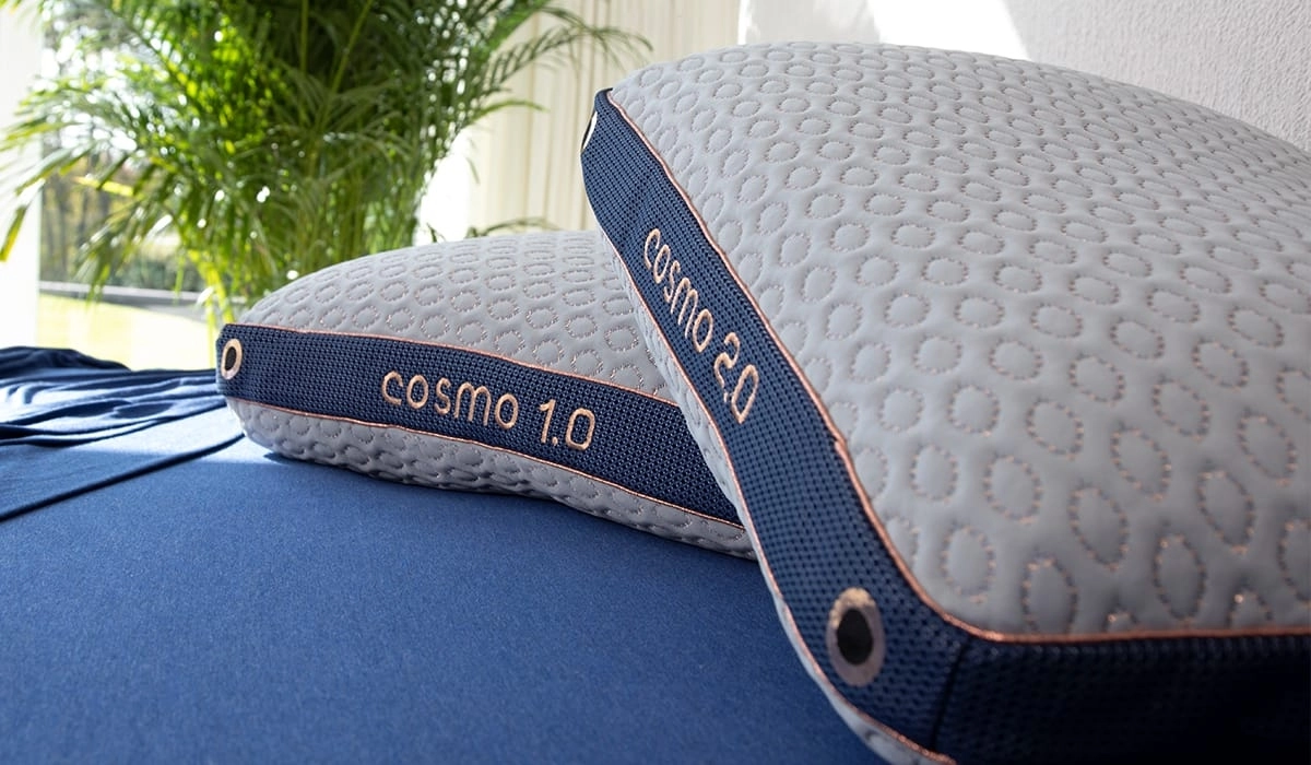 Modern gray pillows with textured pattern and navy labels on a blue surface with greenery.