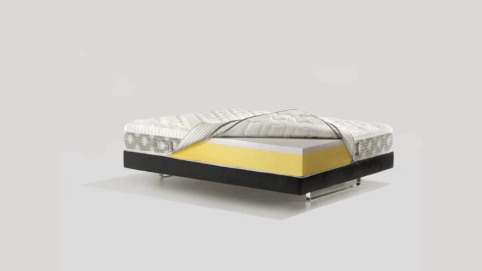 Modern bed with luxe multi-layered mattress featuring removable cover and sleek metal-accented frame.