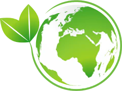 Stylized Earth with green oceans, white continents, and leaf symbolizing sustainability and environmental care.