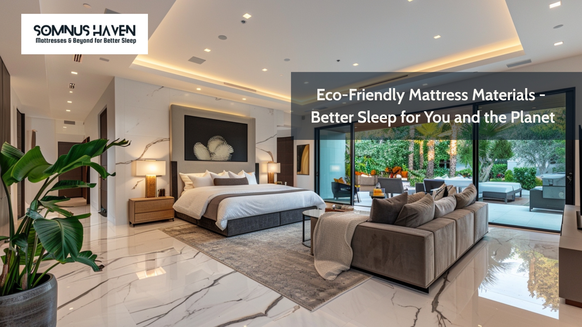 Modern luxurious bedroom with natural light, minimalist decor, and sustainable materials.