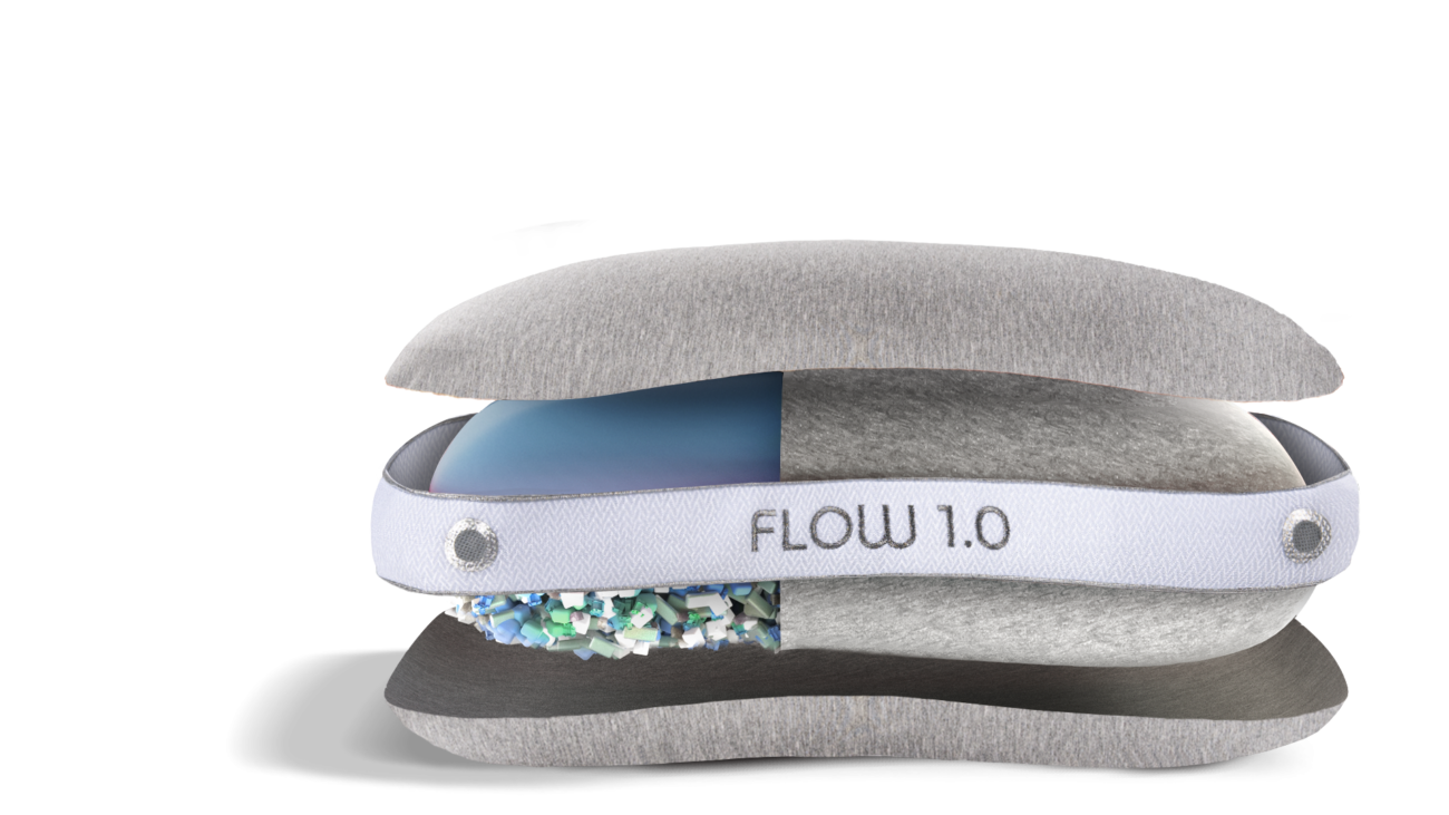 Ergonomic FLOW 1.0 pillow; layered design offering style, comfort, and sustainable materials.