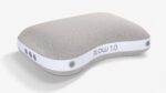 Ergonomic gray pebble pillow with ventilation, FLOW 1.0 band for modern sleep support.