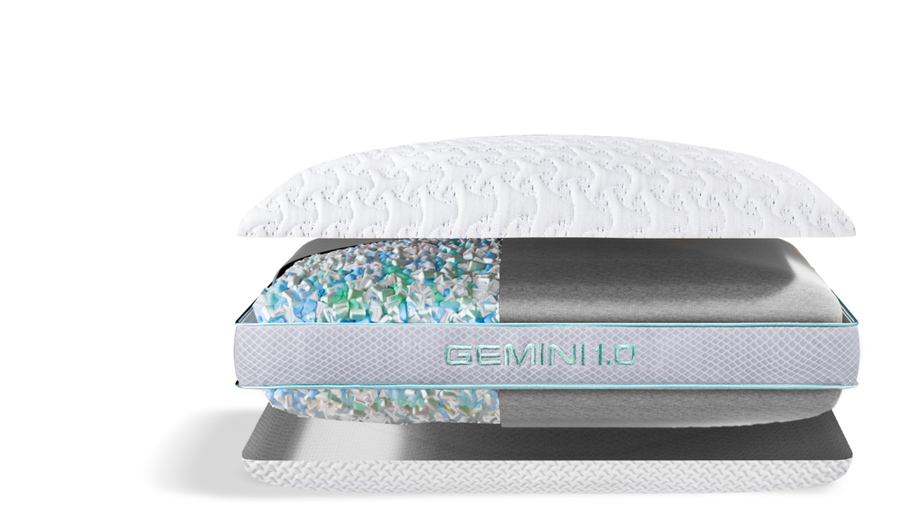Gemini10 pillow: multi-layered design, cooling gel, ergonomic support, branded for comfort and innovation.