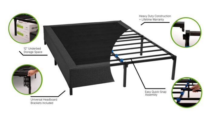 Modern black bed frame with storage, universal brackets, and easy assembly. Durable and stylish.