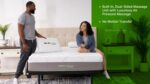 Couple enjoys innovative GhostBed mattress with dual-sided massage in a modern bedroom setting.