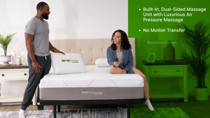 Couple enjoys innovative GhostBed mattress with dual-sided massage in a modern bedroom setting.