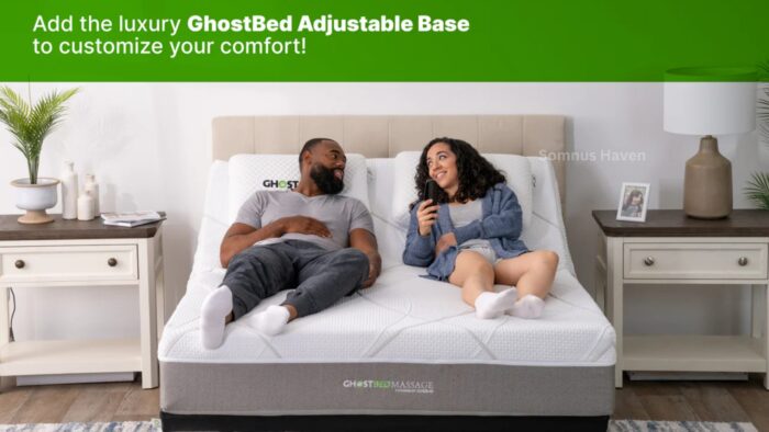 Modern bedroom: GhostBed with adjustable base, couple relaxing, cozy decor, natural light.