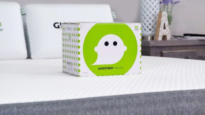 Stylish bedroom with GhostBed mattress and box, emphasizing comfort and serene ambiance.