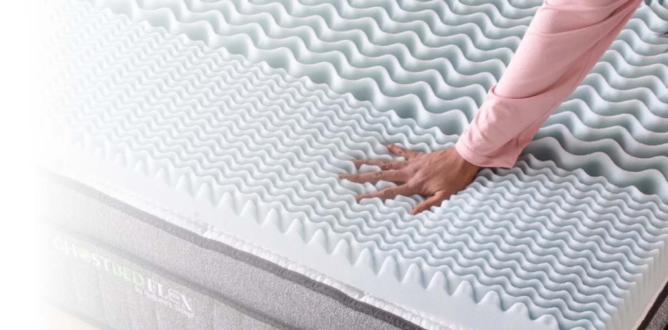 Close-up of GhostBed mattress with gel-infused foam, showcasing contouring, airflow, and temperature regulation.