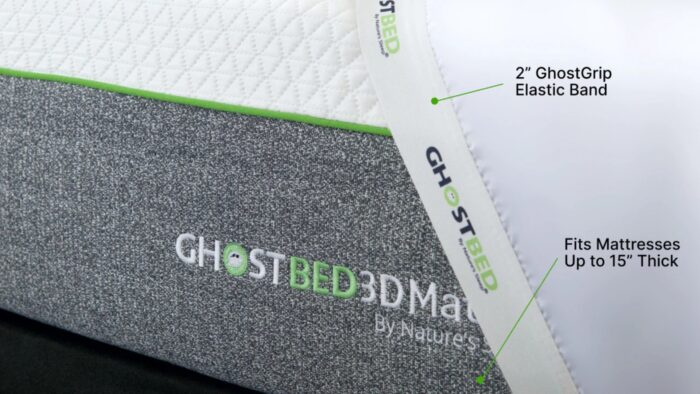 GhostBed mattress protector with diamond-quilted design, secure fit for mattresses up to 15 inches.