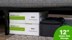 Optimize bedroom space with GHOSTPILLOW storage boxes and bag under a 12” clearance bed frame.