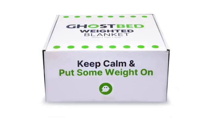GhostBed Weighted Blanket Box: Modern Design, Comfort, and Fun Branding with a Playful Slogan.
